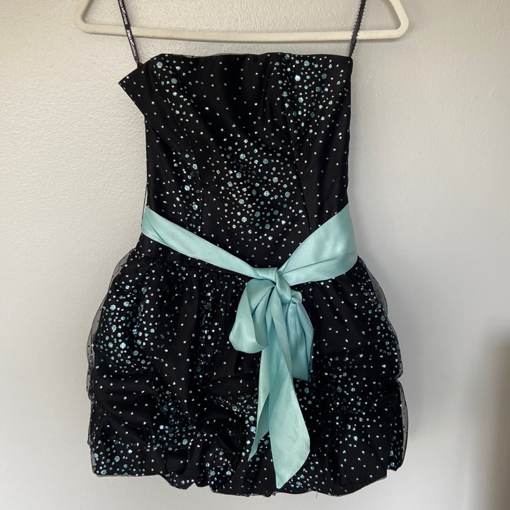 Jessica McClintock champagne turquoise sparkle strapless dress SZ 3 vintage cute